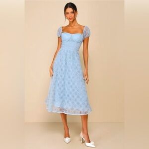 LULUS | NWT XL EXCEEDINGLY ELEGANT BLUE FLORAL APPLIQUÉ BUSTIER MIDI DRESS